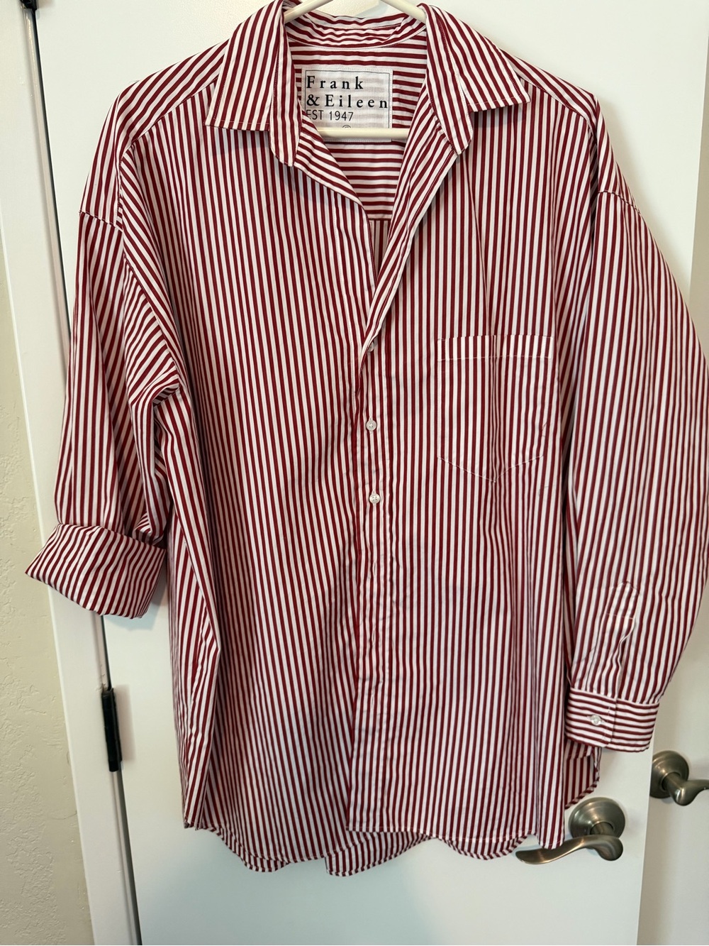 Frank & Eileen - Shirley- Red & White Vertical Stripe Oversized Button-Up Shirt